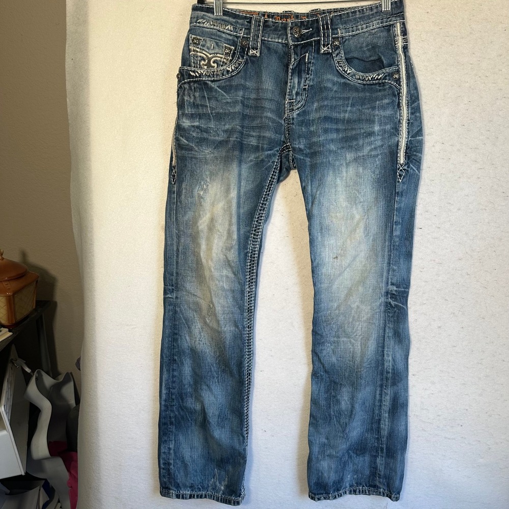 Rock Revival Straight Leg Jeans Med wash Aubin Distressed Contrast Stitch 32x31